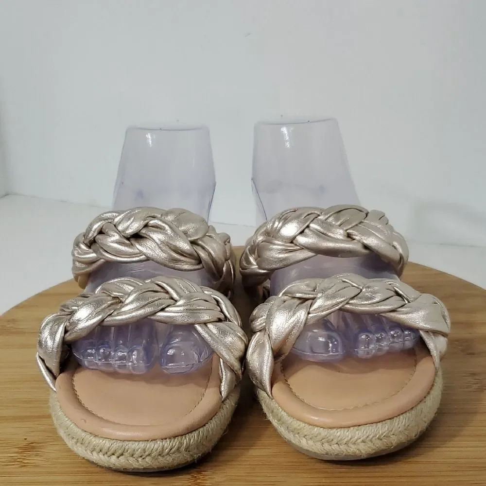 Sam Edelman Noreene Braided Leather Metallic Gold Jute Slides Women's 8